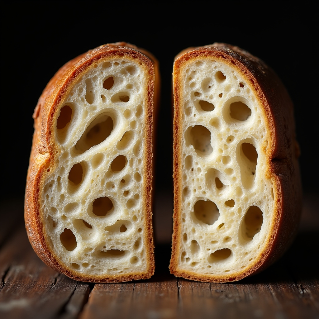 Cross-section of a sourdough loaf showing open irregular crumb structure with large air pockets
