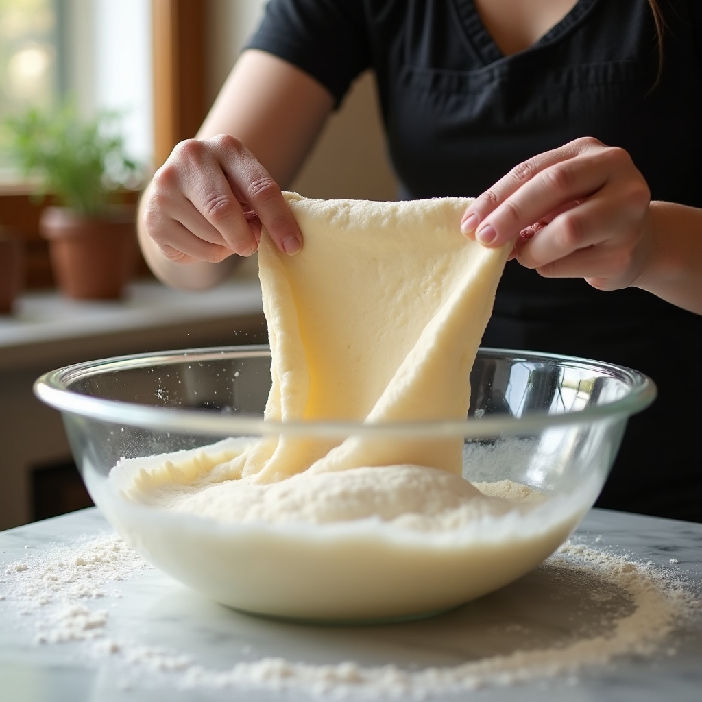 Baker performing stretch-and-fold technique on wet sourdough dough in a glass bowl during bulk fermentation