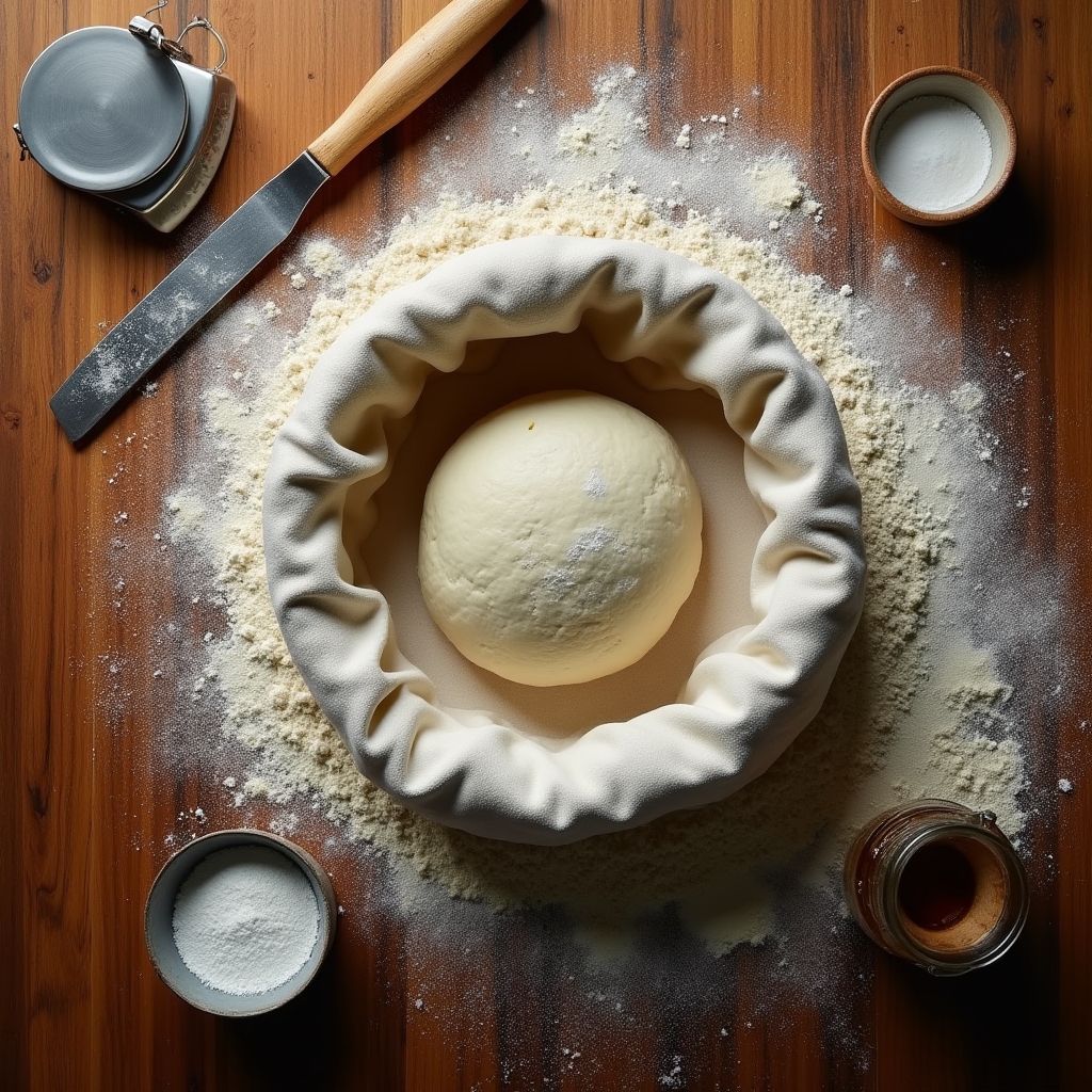 Flour-dusted wooden baking surface with bread tools and a proofing basket