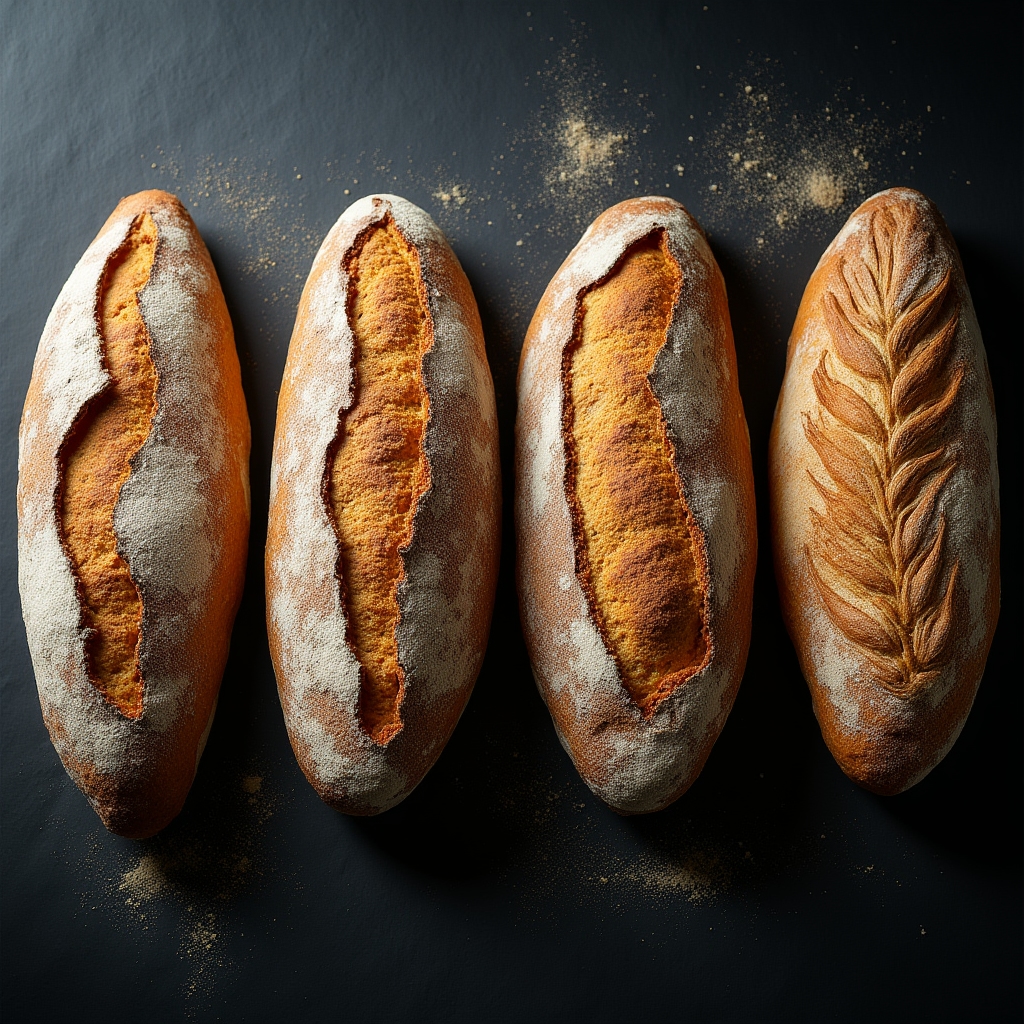 Collection of four different sourdough loaves side by side showing different crust colors and scoring patterns
